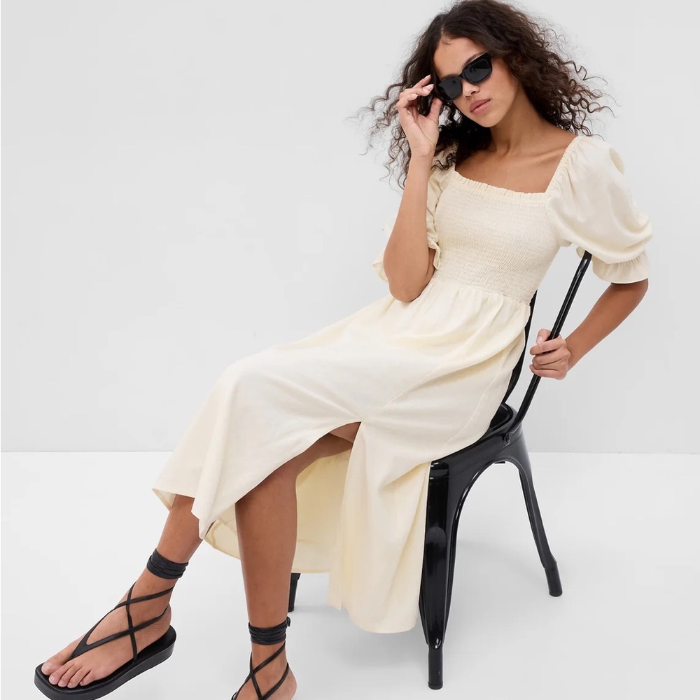 GAP Cream Midi Dress with Puff Sleeves